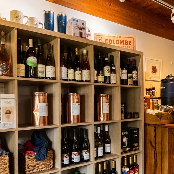 A wooden shelving unit filled with wine bottles, coffee beans, and copper canisters next to a coffee bar.